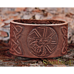   Leather Bracelet Cuff Wristband Kolovrat Symbol Slavic Sun Weel Celtic Knotwork Talisman Amulet Carving Leather